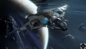 Sabre Comet flying through an asteroid field; Last Light Exchange logo in the lower right.